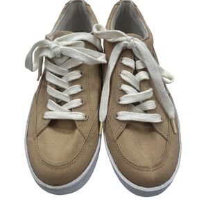 Polo Ralph Lauren Brisbane Canvas Sneakers Womens 9.5 Khaki Tan Blue Pony Shoes